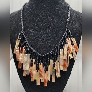 RARE NECKLACE VINTAGE Mother of Pearl Shell Black Braided 16.5" Choker Collar